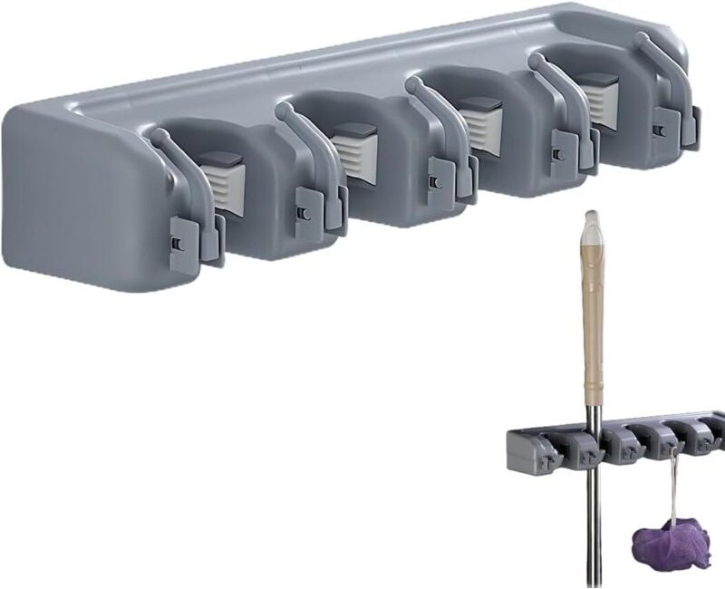 Besenhalter zur Wandmontage mit Bohrungen, Besenaufhänger zur Wandmontage mit 4 Schlitzen und 5 Haken, Aufbewahrungslösu...