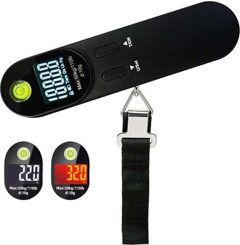 Tragbare digitale Gepäckwaage mit Haken, integrierter Wasserwaage, praktisches Reise-Gadget, Tara-Funktion bis 50 kg, sc...