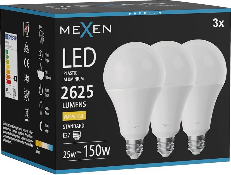 Mexen Nova 3x LED-Lampe E27, A95, 25W, Warm - 3000K, 2625 lm - L100-E27-2530-01x03