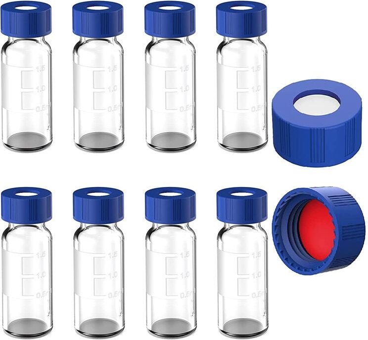 Tlily - 2 ml Autosampler-Fläschchen, 100 Stück – hplc 9-425, transparent mit blauen Schraubkappen, rot-weißen Septen