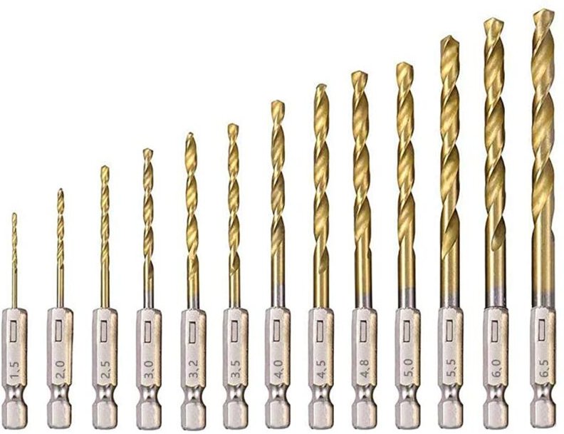 Memkey - HSS-Spiralbohrer, 13-teilig, Titanbeschichteter Hochgeschwindigkeitsstahl-Sechskantbohrer, 1,5 mm – 6,5 mm, für...