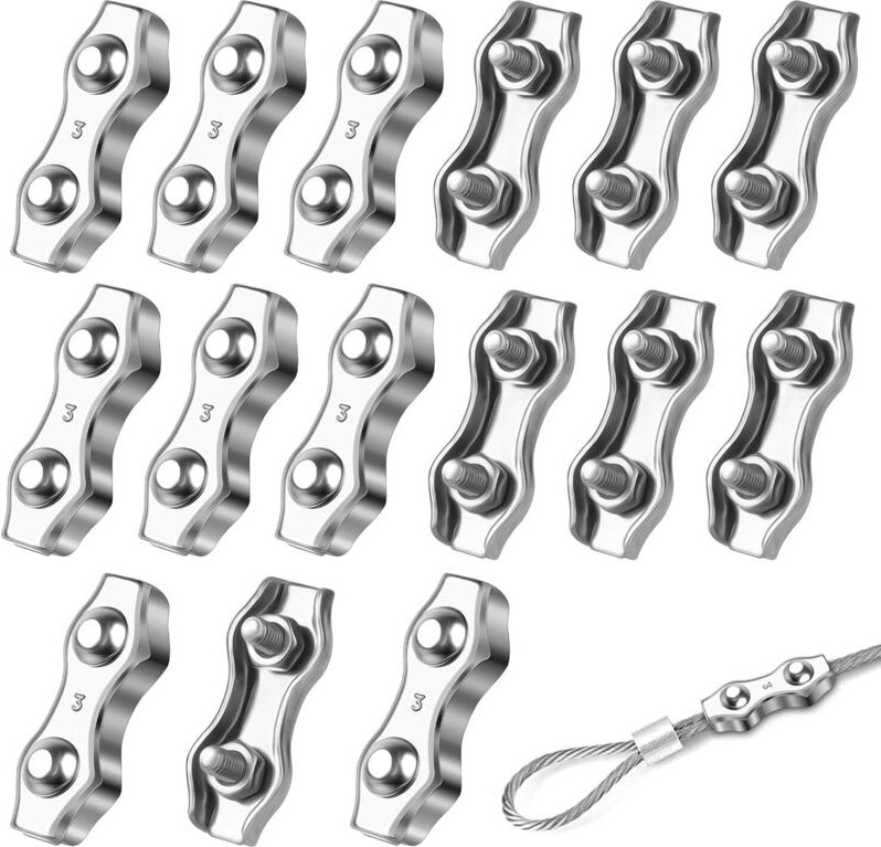 Ahlsen 15 Stück M3-Kabelbinder, 304-Edelstahl-Kabelklemmen, Duplex-Drahtseilklemmen, Kabelseilklemme für die Wäscheleine...