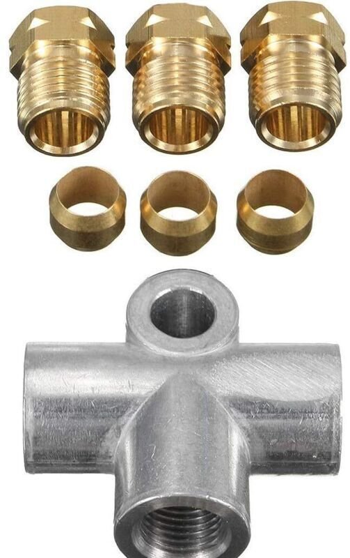 3-Wege-T-Stück-Bremsleitung mit 3 M10-Außengewindemuttern, kurzes Kupferrohr, metrisch