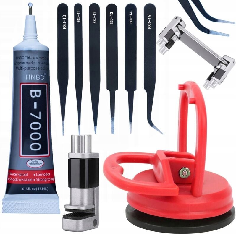 Rosfix Saugnapf für LCD-Displays 55 mm + B-7000-Kleber 15 ml + Schraubstock für LCD-Displays + Set mit 6 Präzisionspinze...
