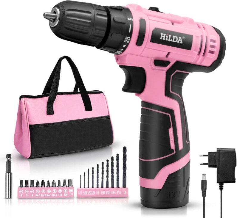 Ersandy - 12V Akku-Bohrschrauber, Akkuschrauber, Aufbewahrungstasche, 20Nm, rosa DIY-Bohrschrauber