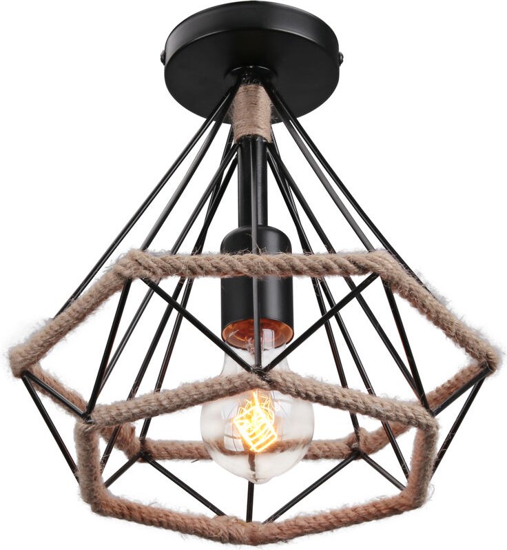 Axhup - Deckenleuchte Hanfseil, Industrielle Stile Deckenlampe mit Ø25cm Diamant-Form Käfig, Vintage Drahtleuchte für Wo...