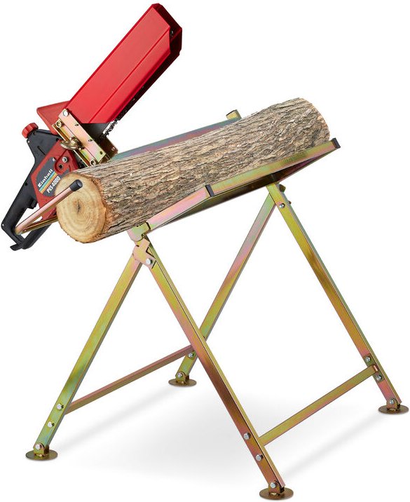 Sägebock mit Kettensägenhalterung, Kettenschutz, Messstab, bis 120 kg, klappbares Sägegestell, Metall, gold - Relaxdays