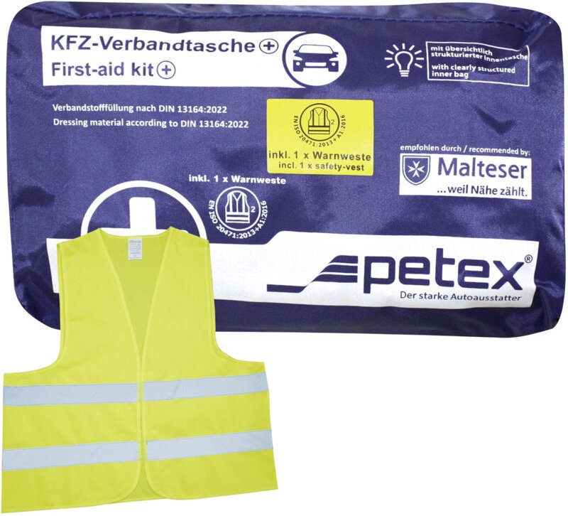 43939705 Plus blau din 13164:2022 inkl. Warnweste gelb en 20471 Verbandtasche Inkl. Warnweste - Petex