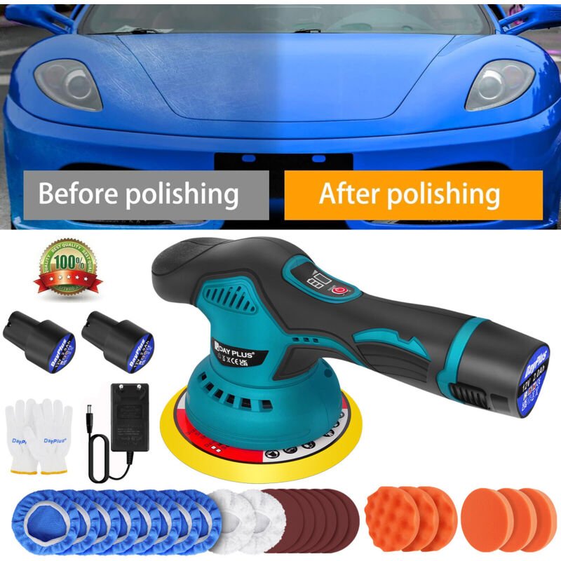 Dayplus - 12V Akku Profi Poliermaschine Polierer mit 2x Batterie Auto Schleifmaschine Tool