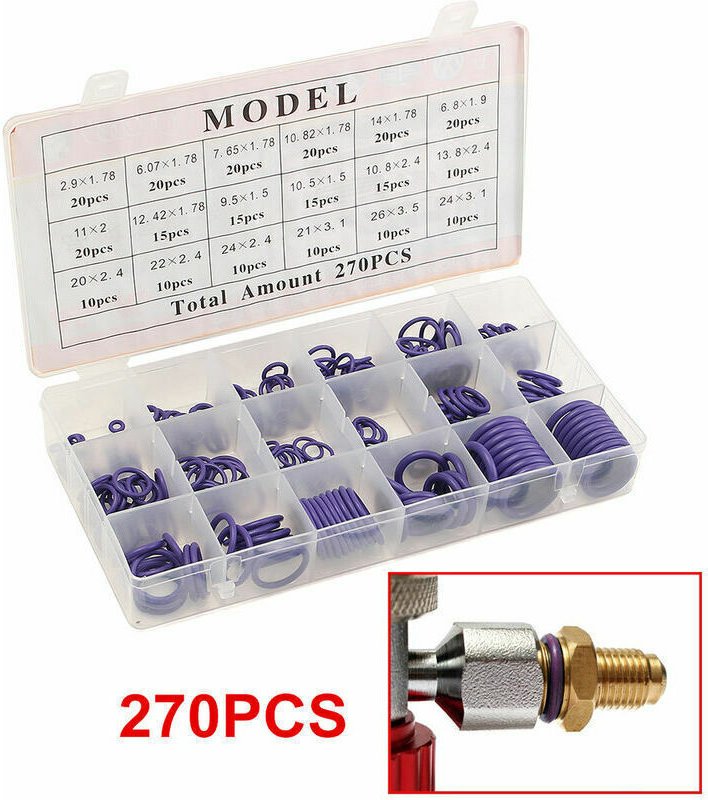 270-teiliger O-Ring-Dichtungssatz für R134A-Klimaanlagen im Auto mit Kunststoffbox, Lila
