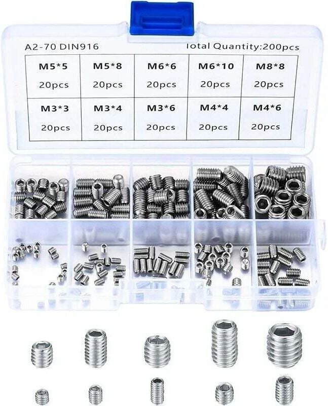 Edelstahl-Schrauben ohne Kopf, M3 M4 M5 M6 M8 Metallschrauben, Sortiment an Gewindestiften (200 Stück)