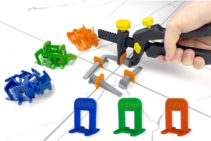 Thumbnail - Fliesen Nivelliersystem Set alle Fugenbreiten Zuglaschen Keile Abstandshalter Verlegehilfe: 1 Packung, Zange - Hexpro
