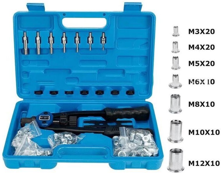 Muttern-Montagesatz mit 100 verschiedenen metrischen Dornen M3/M4/M5/M6/M8/M10/M12 und geformtem Tragekoffer-