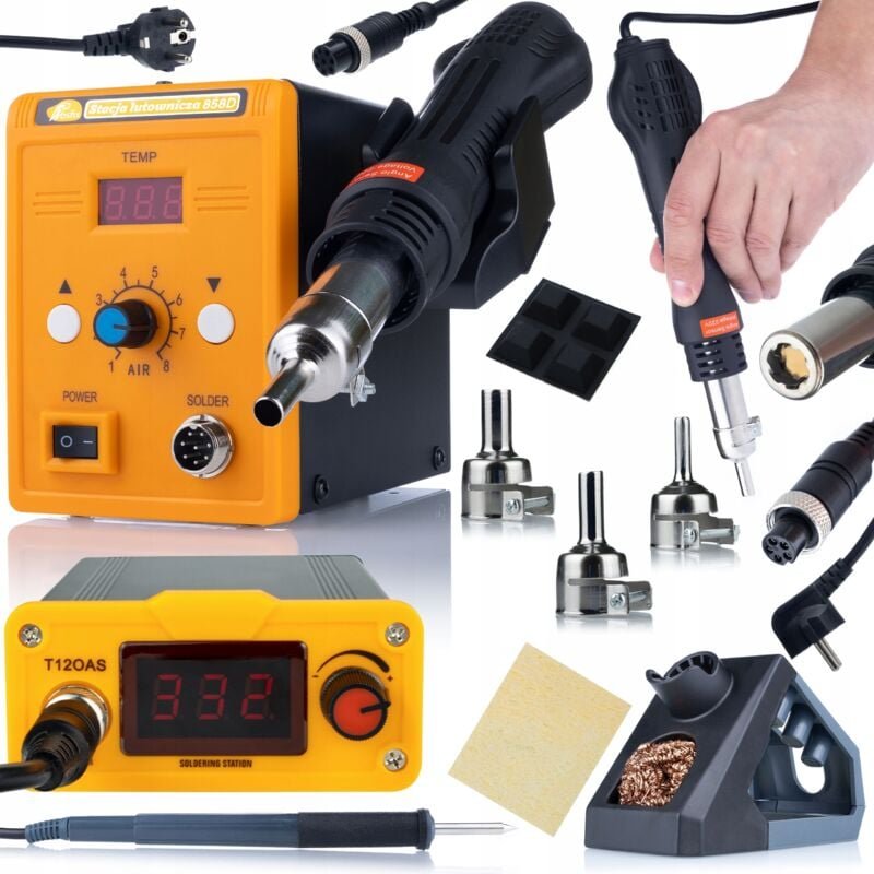 Rosfix Set T12OAS + 858D – Lötstation mit T12-Spitzen & Heißluftstation 700 W 200–450 °C & 100–500 °C 3 Düsen ESD-Schutz...