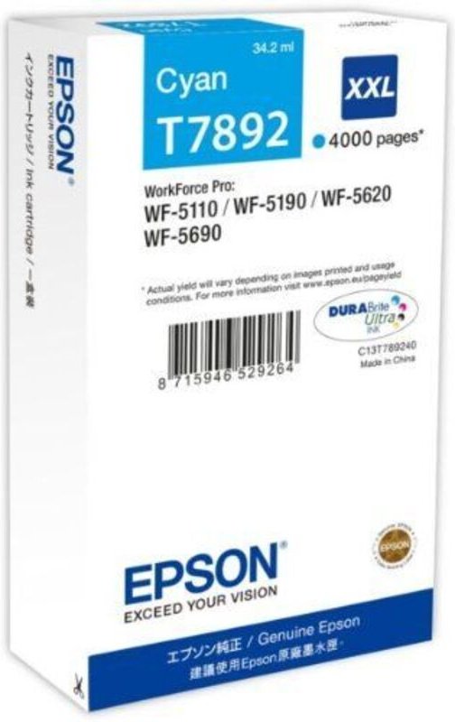 Epson C13T789240 Druckerpatrone T7892 XXL Cyan 4,000 Seiten (C13T789240)