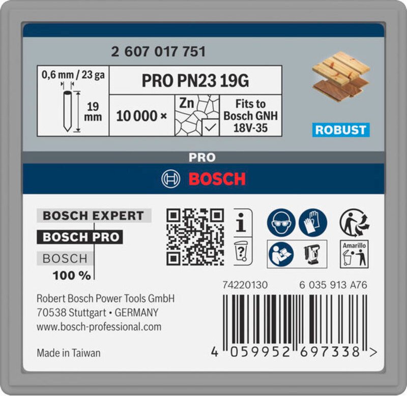 Bosch PRO Nagel Stiftnagel PN23 G Stift 0,65/23G 10000 Stück verzinkt, Ausführung: 2607017751, verzinkt , 19 mm