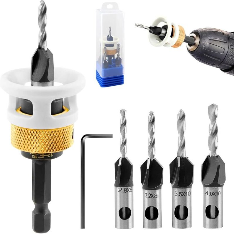 4-teiliges Senkbohrer-Set mit reibungsarmem Tiefenanschlag, 1/4"-Sechskantschaft