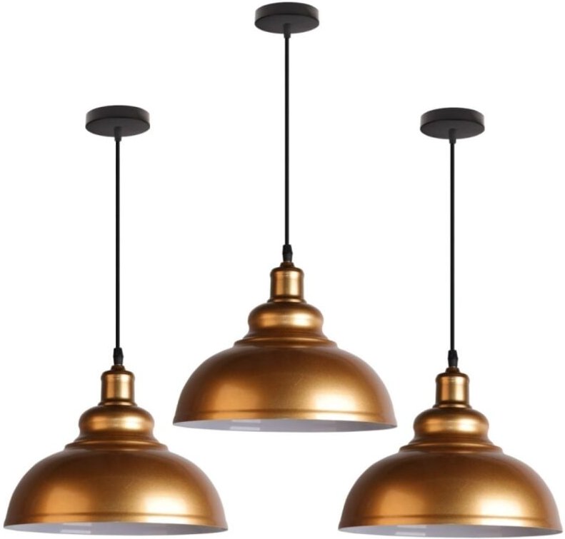 3 Stück Industrielle Vintage Pendelleuchte Edison Eisen Lampenschirm Hängelampe Metall Deckenleuchte Gold Ø29cm