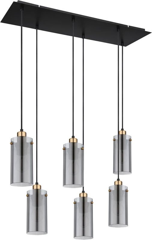 Hängeleuchte Esstischlampe Pendelleuchte Wohnzimmerlampe, Glas rauch Metall schwarz, Fassungen 6x E27 LxBxH 75x24x120 cm