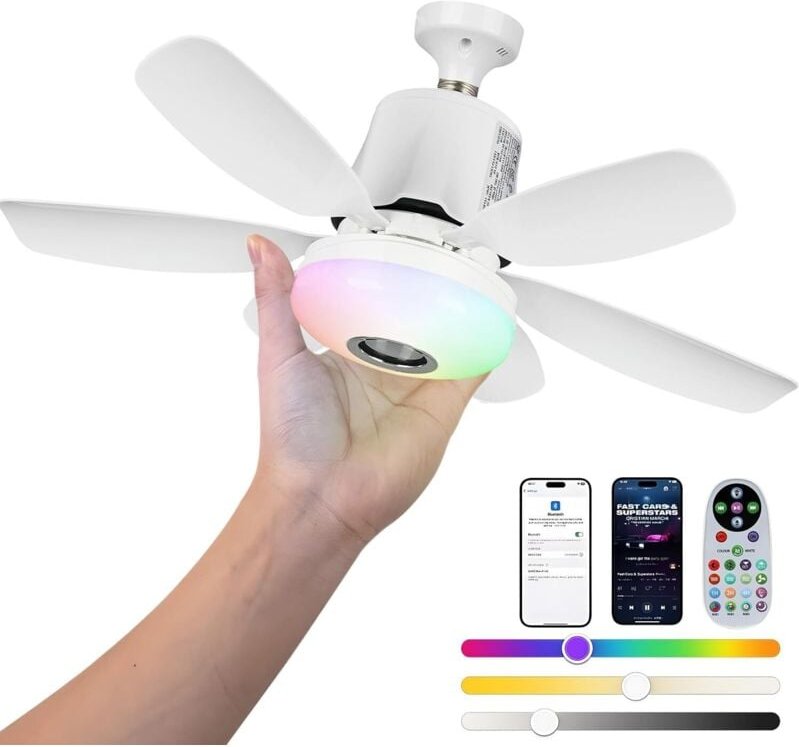 Roadtime 47 cm RGB-Deckenventilator mit Licht, 32 w, E27-Sockel, dimmbarer Deckenventilator mit 3 Geschwindigkeiten, 6 F...