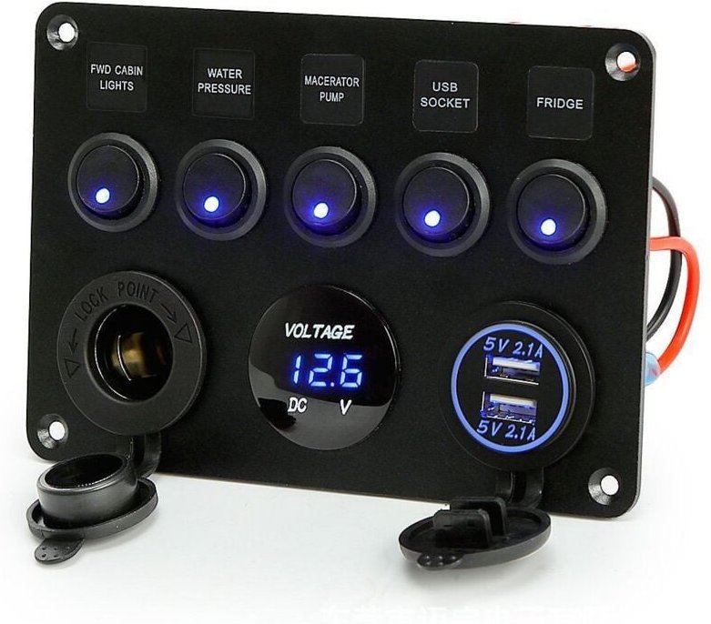 5-Gang-Wippschalter-Panel, Wippschalter-Panel, Schalttafel, Boot, Auto, wasserdicht, Dual-USB, dc 12 V/24 v, led, lkw, A...