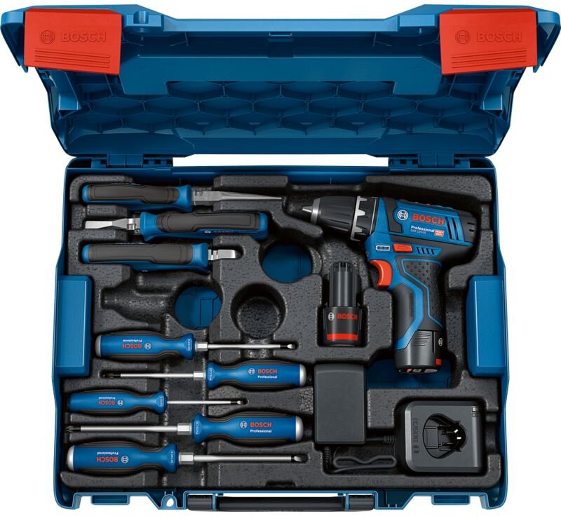 Bosch Akku-Bohrschrauber gsr 12V-15 Professional 2x 2,0 Ah + Lader + Handwerzeug in L-Boxx