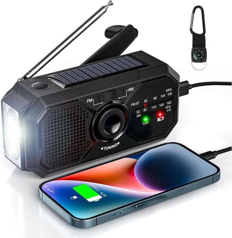 Tragbares Radio, Handkurbel-Solarradio, Survival-AM/FM, kleiner Dynamo, USB-C, 2500 mAh, wiederaufladbar, mit LED-Tasche...