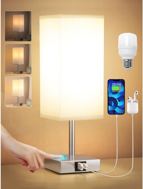 Touch-Nachttischlampe mit USB-C+A-Ladeanschlüssen, 3-fach dimmbar, grauer TC-Stoffschirm, Metallsockel, Tischlampe für S...