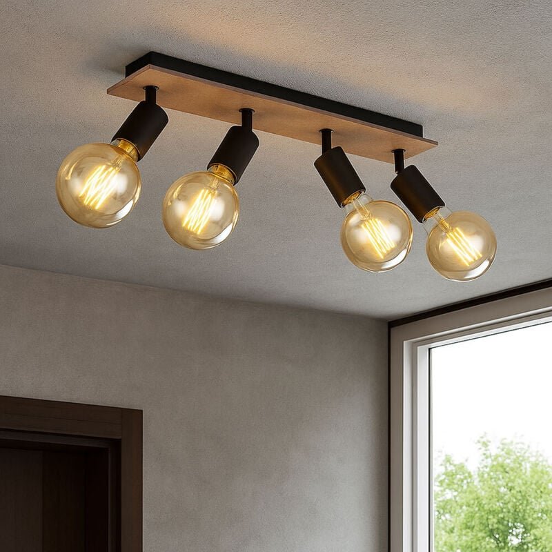 Deckenleuchte Deckenstrahler Spotleuchte Esszimmerlampe Wohnzimmerlampe Flurleuchte, Metall Holz braun schwarz, 4 Flammi...