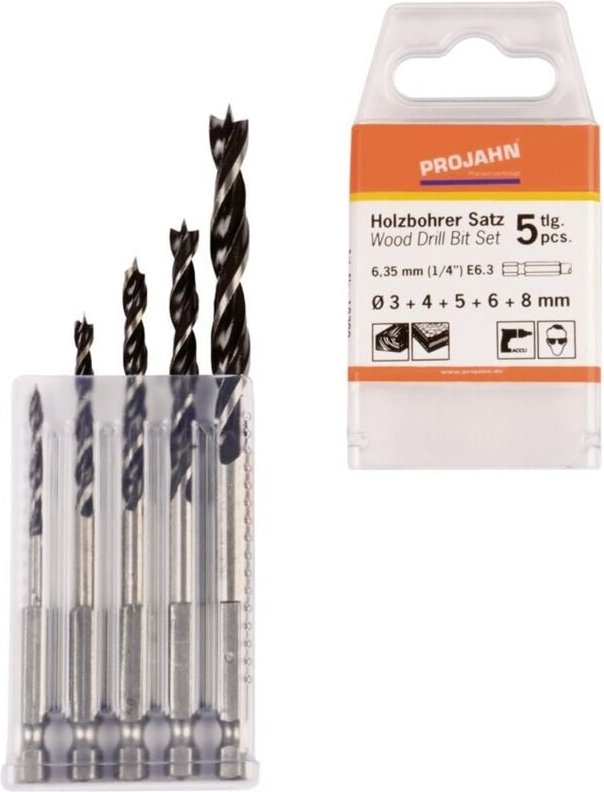 Projahn Holzspiralbohrer Satz 6-kant Schaft E6.3 5-tlg. (3, 4, 5, 6, 8 mm)