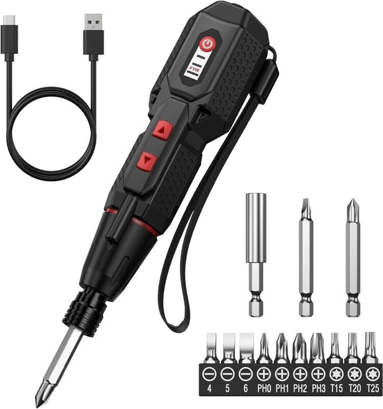 Elektrisches Schraubendreher-Set, wiederaufladbarer Akku-Schrauber Typ C mit 13 Bits, 3 Drehmomenteinstellungen, zwei LE...