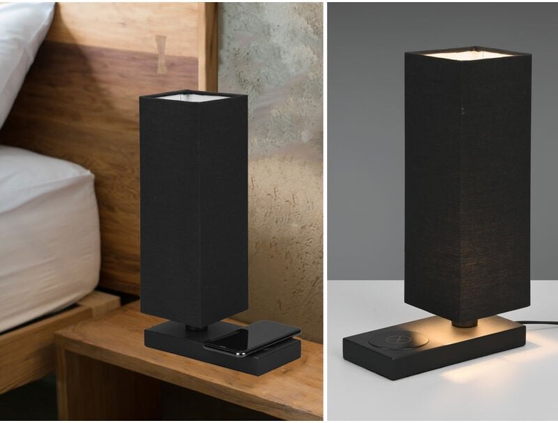 Tischleuchte HALEY Schwarz induktive Ladestation & Touch Stoffschirm, Höhe 35cm