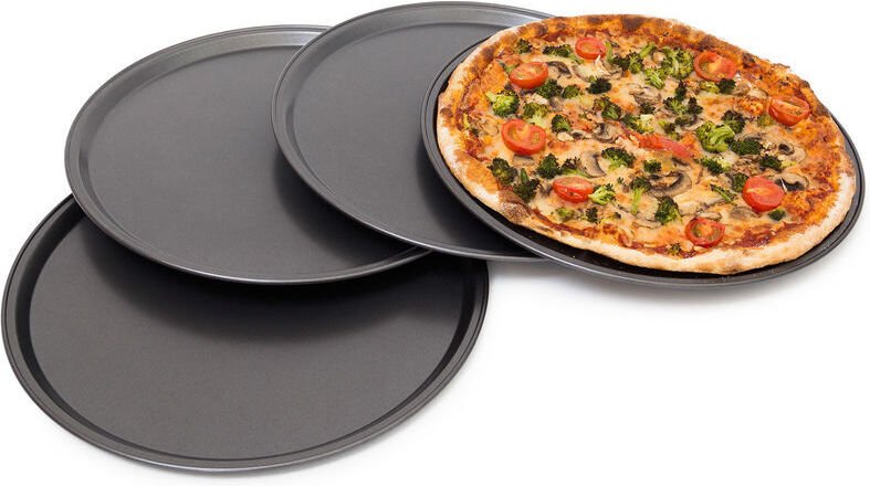 Relaxdays 4er-Set Pizzableche, 33 cm Durchmesser, antihaftbeschichtet, ofenfest, Kohlenstoffstahl, Anthrazit