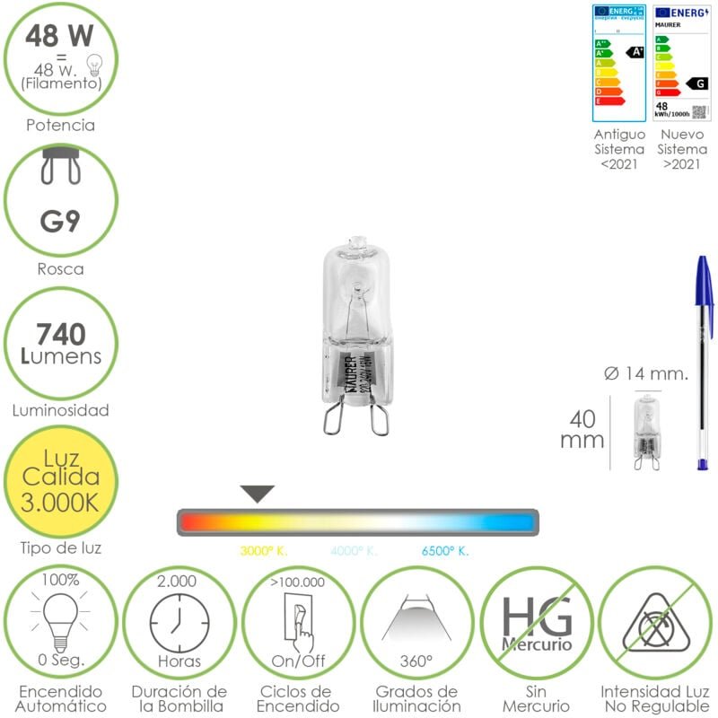 Maurer - Halogenlampe G-9. 48 w. 740 Lumen. Warmes Licht (3.000º k)