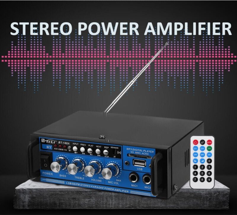 Trade Shop Traesio - Trade Shop - audioverstärker 12V 220V usb sd 2 mikrofone MP3 fm home auto karaoke BT188A -