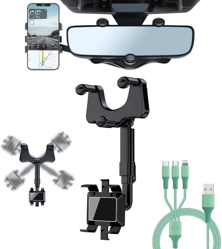 KZQ - Autotelefonhalter Rückspiegelhalterung mit 1 Datenkabel, 360 Grad drehbar, einziehbar, multifunktional