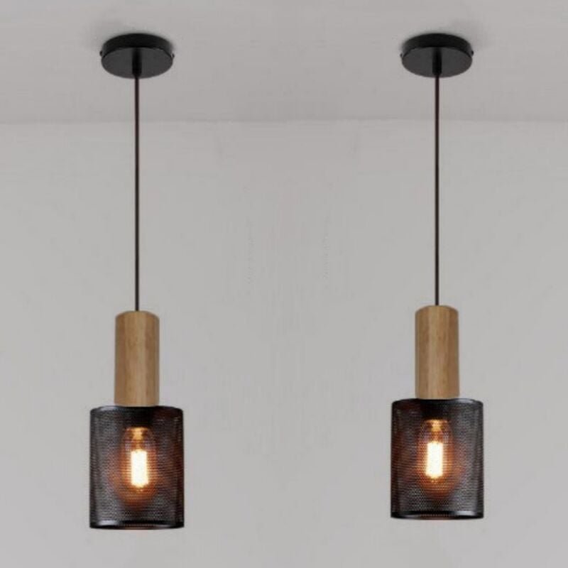 Retro Pendellampe Metall Holz Hängeleuchte Höhenverstellbare Deckenleuchte für Wohnzimmer Schlafzimmer Küche 2 Stücke Ø1...