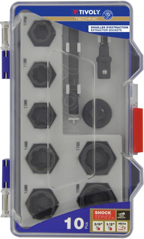 Box mit 10 Stück 3/8-Zoll-Innenvierkant-Abzieher-Steckschlüsseleinsätzen für beschädigte Schrauben und Muttern - Tivoly