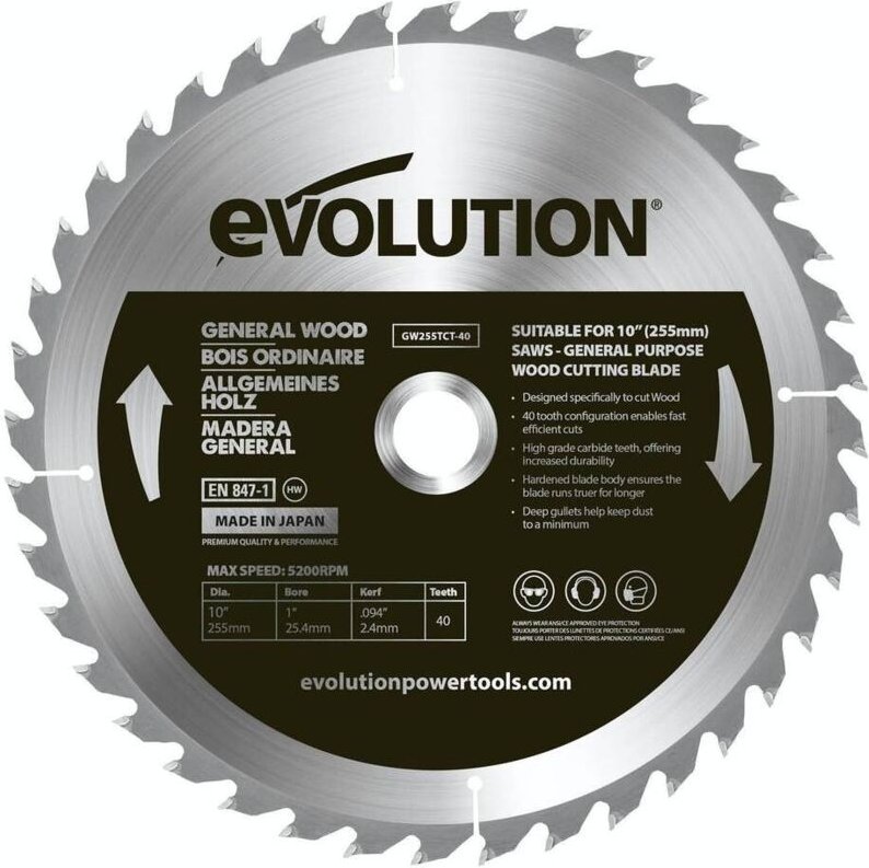 Evolution 255 mm / 40z Widia-bestückte Gehrungssäge zum Holzschneiden