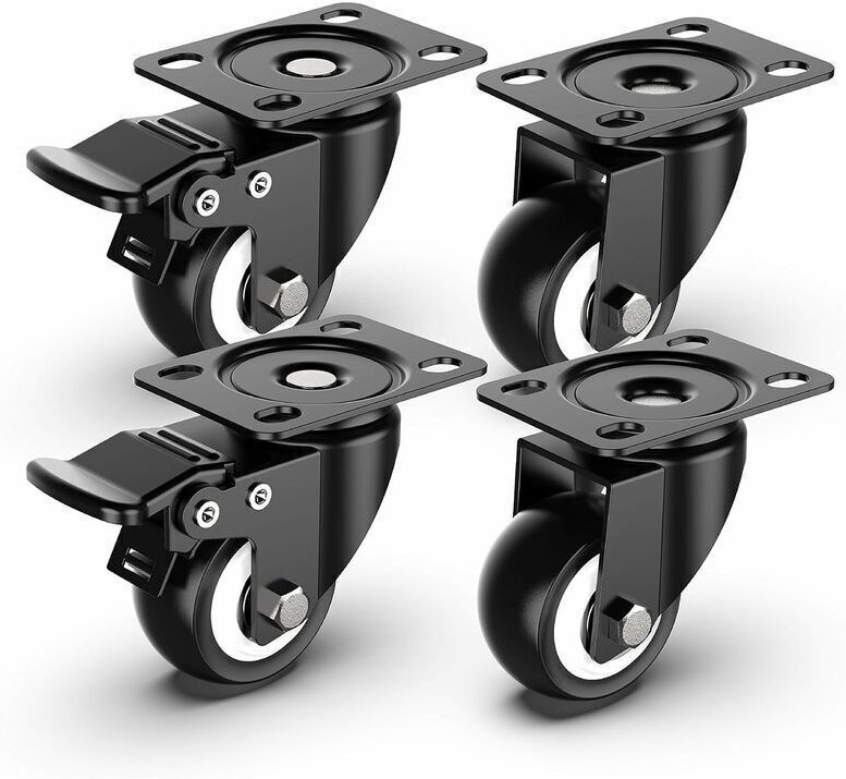 Stück 50-mm-Lenkrollen mit Bremsen für schwere Lasten, Gesamttragfähigkeit 250 kg – 2 mit Bremsen und 2 ohne.