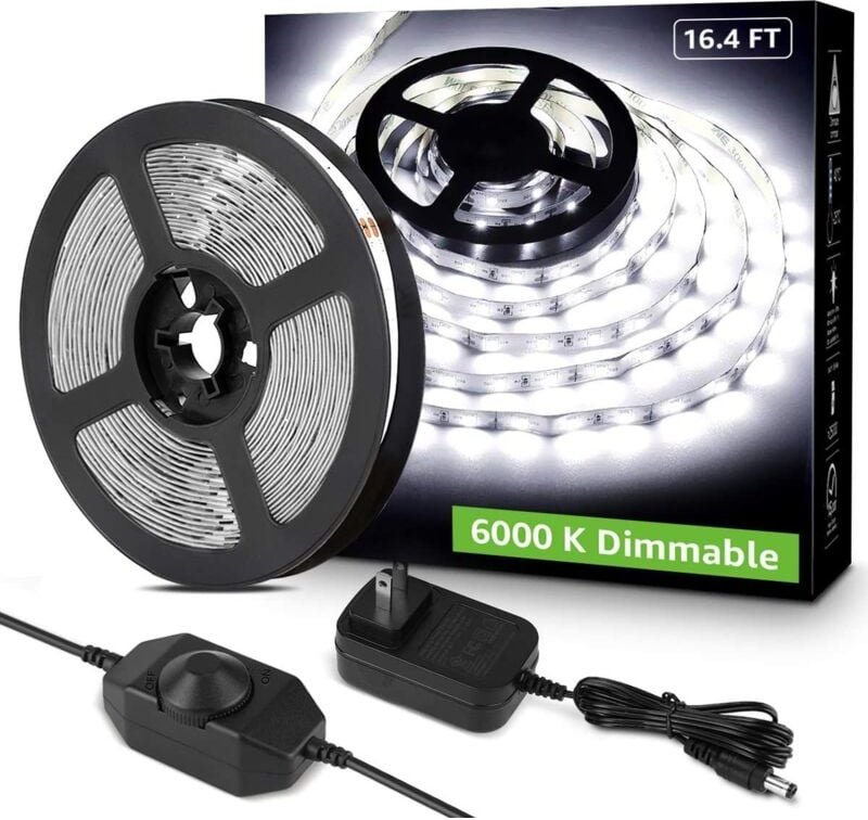 10M dimmbarer LED-Streifen, kaltweißer LED-Streifen 6000K 600 smd 2835 LEDs, 24V selbstklebender LED-Streifen mit Dimmer...