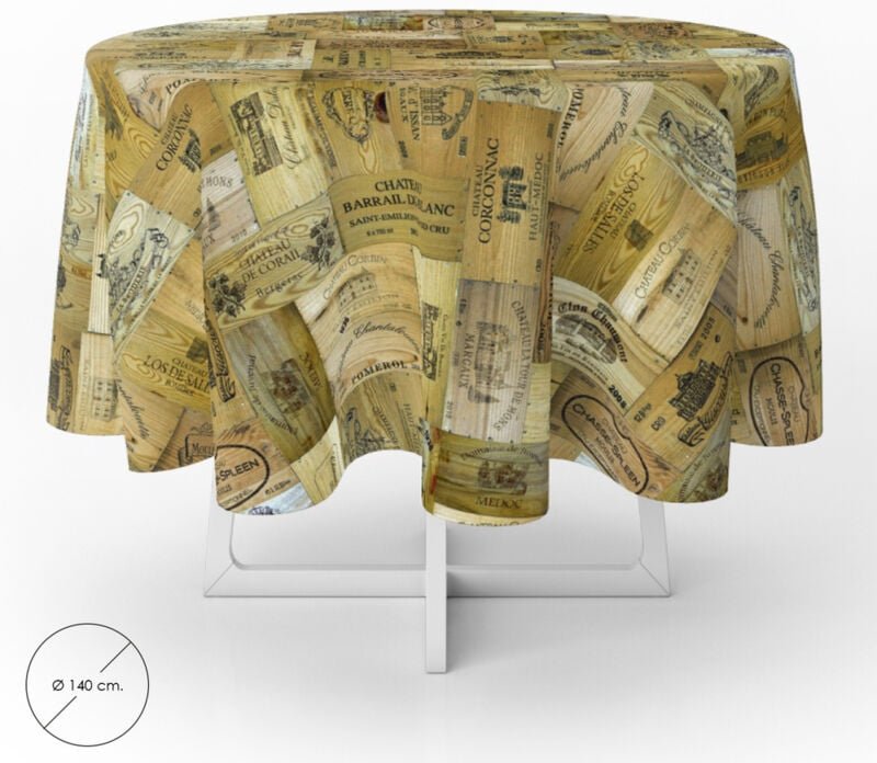 Runde schmutzabweisende Tischdecke aus Wachstuch Ø 140 cm. Weinbretter