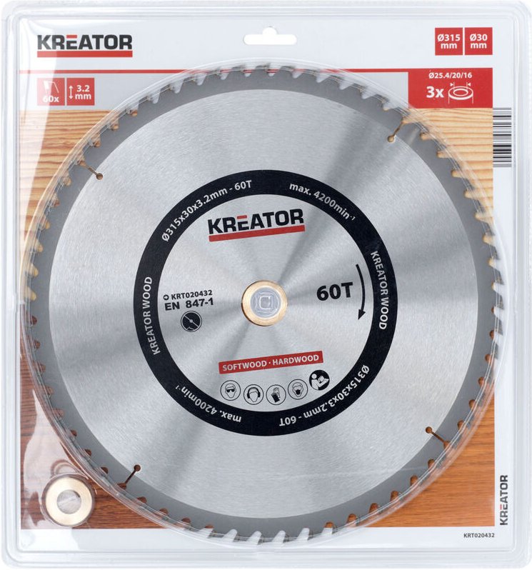 Kreissägeblatt Ø 315 x 30 x 3,2 mm 60 Zähne Holzsägeblatt + 3 Reduzierringe