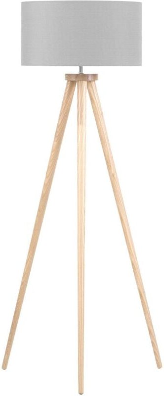 Stehlampe Grau Holz 140 cm runder Stoffschirm Dreibeinig langes Kabel mit Schalter Modernes Design