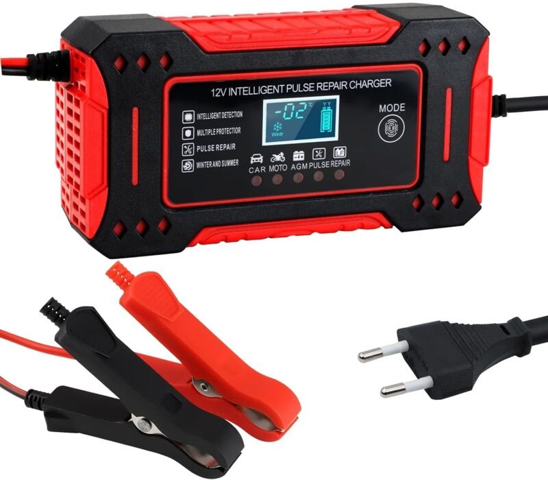 Intelligentes 12V/6A-Autobatterieladegerät, automatisches Ladegerät mit Digitalanzeige für Autos, Motorräder, Boote, Ras...