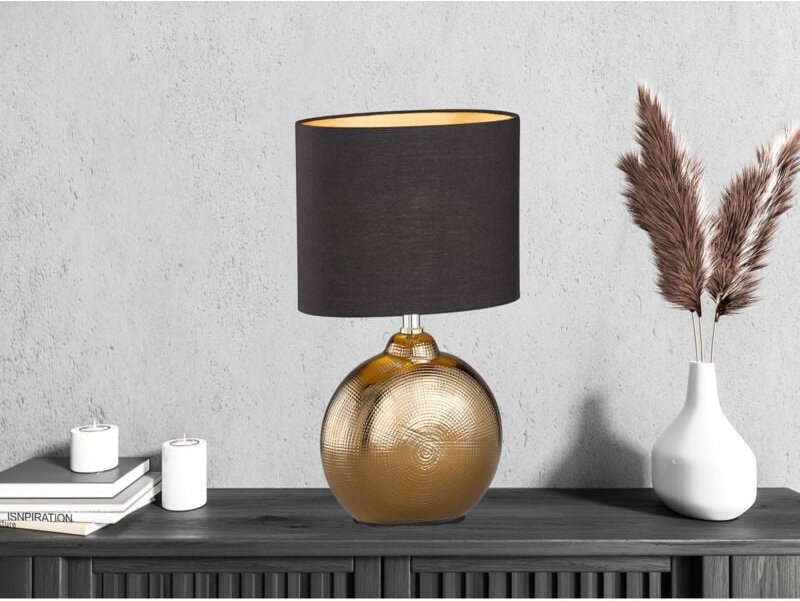 Thumbnail - Fischer&honsel - Tischleuchte foro, Keramikfuß Bronze Antik & Stoffschirm Schwarz Gold, Höhe 39cm