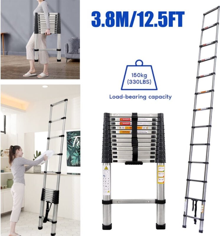 Teleskopleiter Klappleiter 3,8m Anti-Rutsch Mehrzweckleiter Ausziehbar Tragbare Edelstahl Leiter 150kg Belastbarkeit