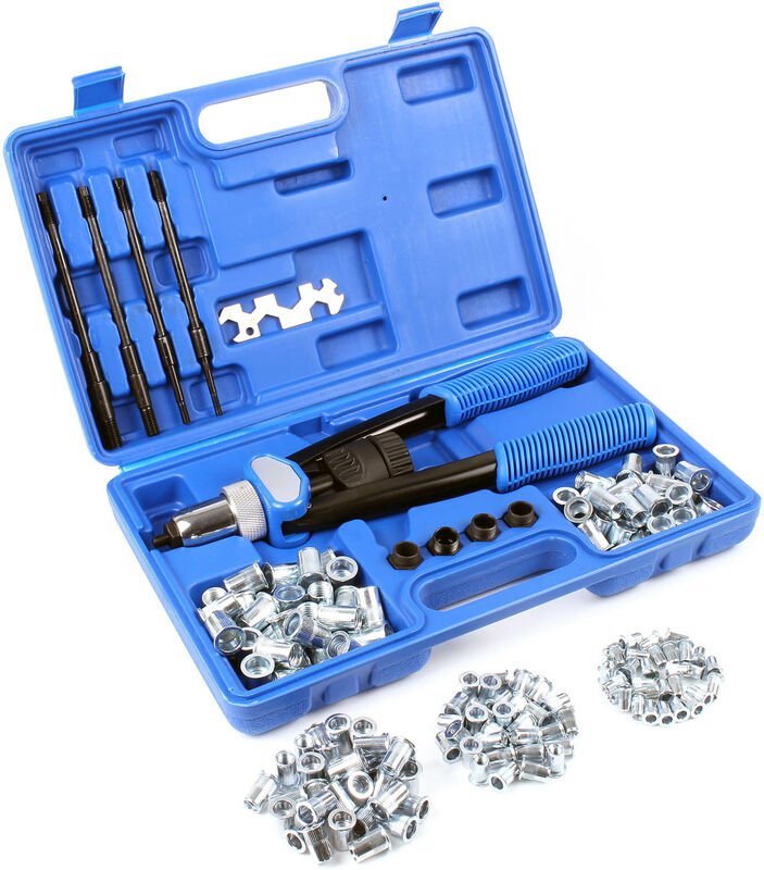 Blindnietzange mit 5 Mundstücken M5-M12, 150 Nietmuttern, Nietzange Nietsatz mit rutschfesten Griffen, Nietgerät Blindni...