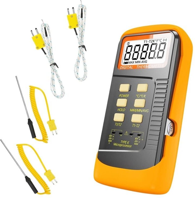 Handthermometer mit Thermoelement, 2 Kanäle, Sonde Typ K, 4 Thermoelemente, Messbereich -50 °C bis 1370 °C