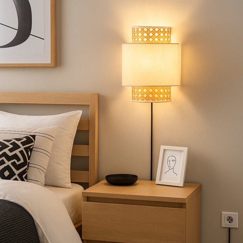 Wandleuchte aus Rattan und Stoff "HANS" - E27 - Schalter und